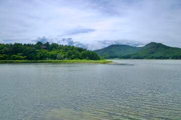 Scenic View of Songji Lake and Surrounding Hills
