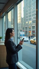 Fototapeta premium Businesswoman Using Smartphone While Observing Cityscape Outdoors