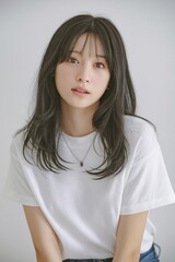 Fototapeta premium Woman white shirt casual portrait. Young woman with dark hair wearing a white t shirt, posing casually.