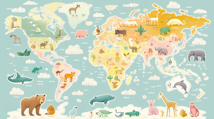 Illustration of a world map made in children's style. Each part of the world depicts animals characteristic