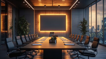 Modern boardroom with a large window view of a cityscape