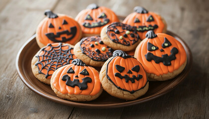 Halloween Pumpkin Cookies on a Brown Plate