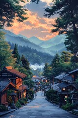 Fototapeta premium A scenic mountain village bathed in the soft glow of a setting sun, traditional houses line the street, offering a peaceful and picturesque sight.