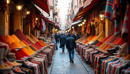 Fototapeta premium A vibrant market street in Marrakech, filled with colorful spice stalls and textiles, showcasing the lively activity and rich culture of the area.