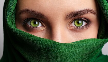Fototapeta premium Green eyes of a woman, her face wrapped in a green scarf.