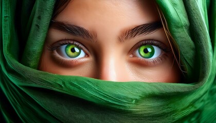 Naklejka premium Green eyes of a woman, her face wrapped in a green scarf.