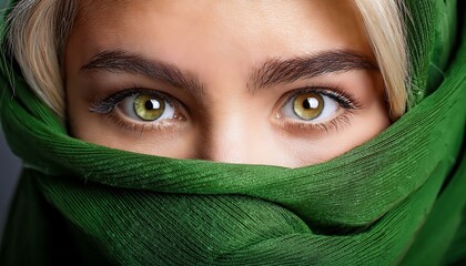 Fototapeta premium Green eyes of a woman, her face wrapped in a green scarf.