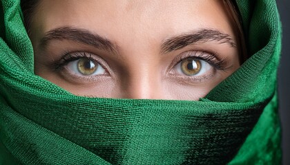 Green eyes of a woman, her face wrapped in a green scarf.