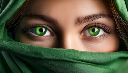 Naklejka premium Green eyes of a woman, her face wrapped in a green scarf.