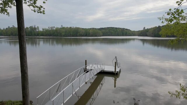 Empty boat dock on the lake. Fly in shot. Lake Murray in South Carolina.