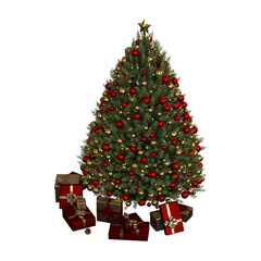 Christmas tree with decorations, isolate on a transparent background, 3d illustration, cg render
