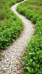 Naklejka premium Winding Pathway Surrounded by Lush Green Plants and Stones