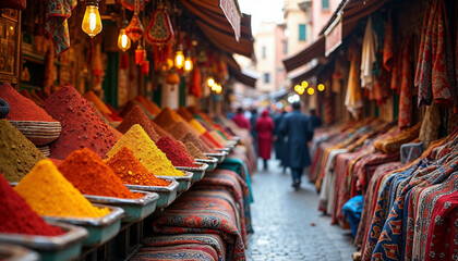 Obraz premium A vibrant market street in Marrakech, filled with colorful spice stalls and textiles, showcasing the lively activity and rich culture of the area.