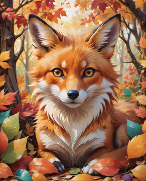 Autunno, composizione con simpatica volpe in un parco, sfondo con foliage e colori autunnali