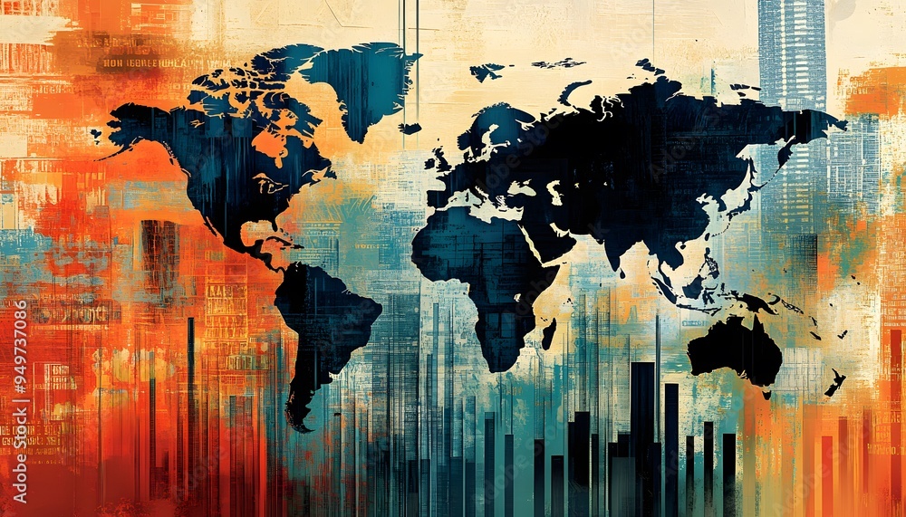 Poster abstract world map with grunge texture and vertical lines