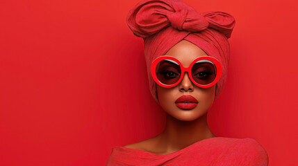 Fashion portrait of a woman wearing large red sunglasses, a red headwrap, and red lipstick against a red background.