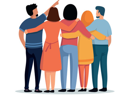 Illustration vectorielle montrant un groupe d'amis enlac&eacute;s qui se soutiennent, sont solidaires et avancent vers l'avenir