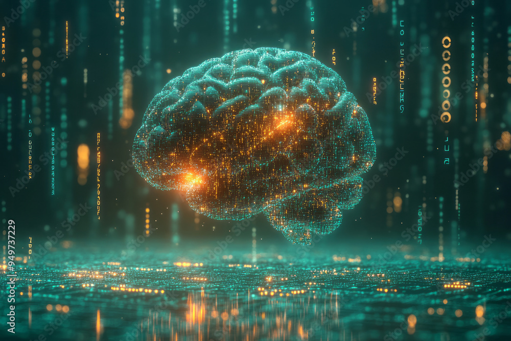 Poster a realistic brain surrounded by floating digital binary code, set against a pastel green background,