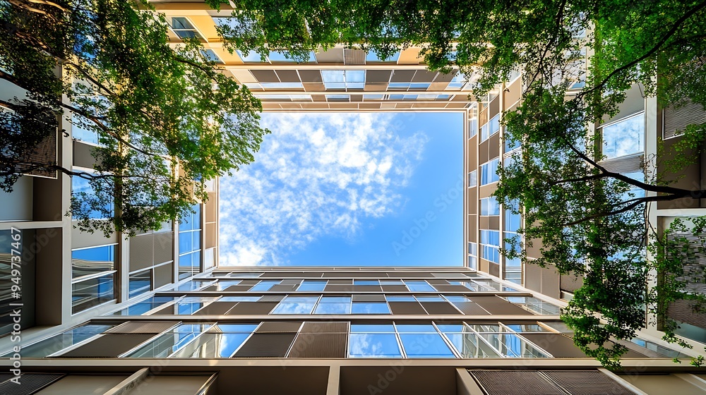 Poster modern building with sky view from below