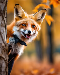 Naklejka premium Autunno, composizione con simpatica volpe in un parco, sfondo con foliage e colori autunnali
