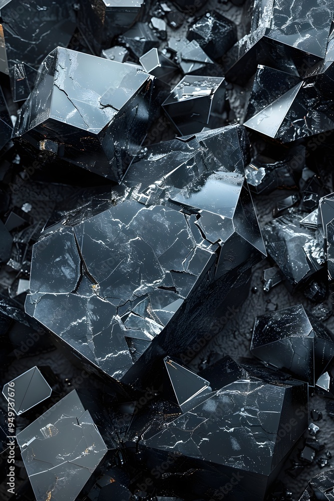Poster close-up of a cluster of dark, angular crystals with a reflective surface.