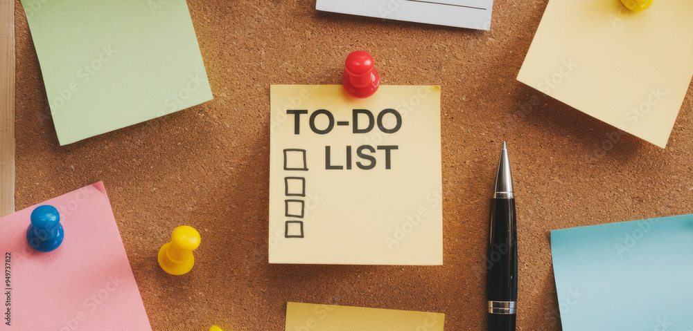 Aufkleber to-do checklist notes. sticky notes on a corkboard with a to-do list and checkboxes, symbolizing org