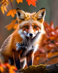 Fototapeta premium Autunno, composizione con simpatica volpe in un parco, sfondo con foliage e colori autunnali