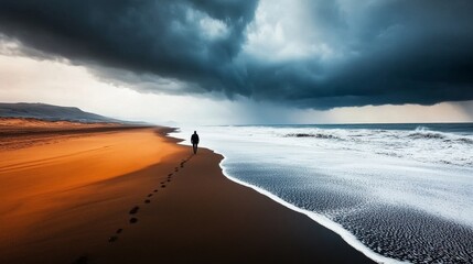 Lonely person standing on a deserted beach with dark