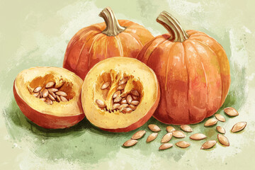 Two Whole Pumpkins and Two Halves with Seeds