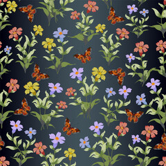 Obraz premium Flowers and butterflies on a gradient background.Vector pattern with colorful flowers and bright butterflies on a gradient background.