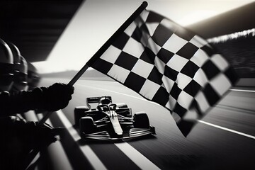 F1 Race Finale: Close-Up of Finish Line Flag Waving with Motion Blur Amid Fan Applause