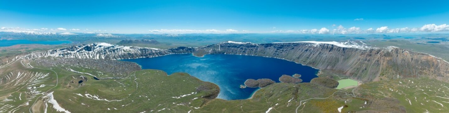 Panoramic view of Lake Nemrut, the world's second largest crater lake, and Lake Van, Tatvan district,
