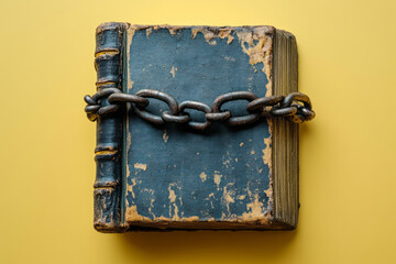 A book with chains and a padlock around it, isolated on a pastel yellow background,