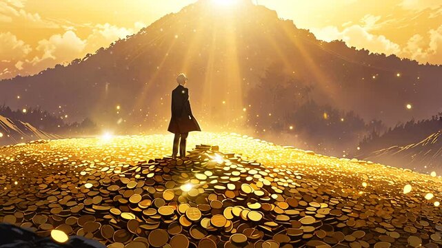 Anime silhouette on top of a stack of coins with smooth looping video 