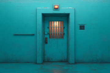 A prison cell door ajar with a flickering light, isolated on a pastel blue background,