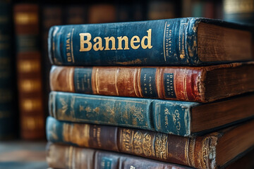 A stack of books with Banned stamped on the covers, isolated on a pastel lavender background,