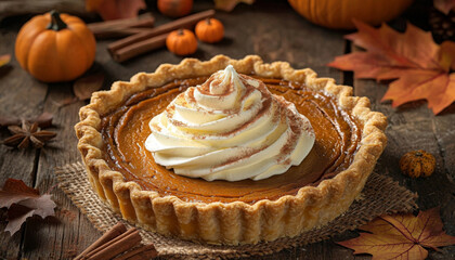 Pumpkin Pie with Whipped Cream and Cinnamon on Rustic Wooden Background