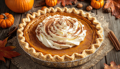 Pumpkin Pie with Whipped Cream and Cinnamon