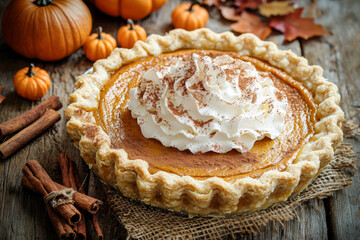 Pumpkin Pie with Whipped Cream and Cinnamon Sticks