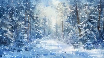 Naklejka premium Illustration of winter forest, made in watercolor technique. Dense spruce forest, covered with snow