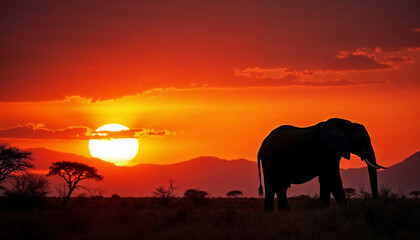 Fototapeta premium An elephant silhouetted against a stunning African sunset, with vibrant hues of orange, red, and purple creating a dramatic backdrop.