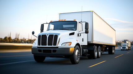A white delivery truck driving on a highway in motion. The truck has a large enclosed cargo trailer and is traveling during daytime.