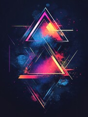 A vibrant abstract composition featuring colorful geometric triangles and splashes of paint.