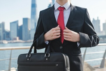 Businessman suitcase cityscape. Man in a suit adjusts his tie with briefcase in hand in a cityscape setting. He's confident, prepared, and ready for the day ahead.