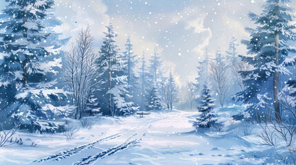 Illustration of winter forest, made in watercolor technique. 