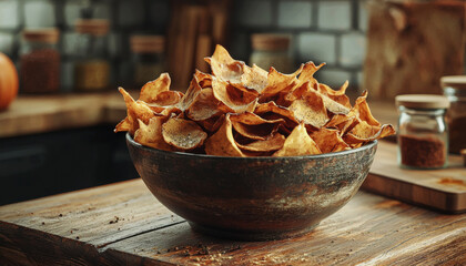 A Rustic Bowl Filled with Crispy Sweet Potato Chips