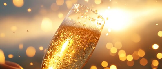 A celebratory glass filled with sparkling champagne, illuminated by warm light, perfect for capturing joyous moments.