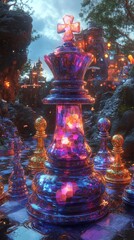 cartoon fantasy illustration in the style of meticulous fantasy and sense of awe, chess , gold, azure and magenta.
