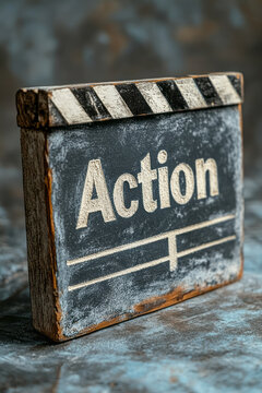 A classic film clapperboard with the word Action written on it, isolated on a soft pastel gray background,