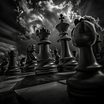a scene of chess bishop, dramatic BW scene, graphit ilustration